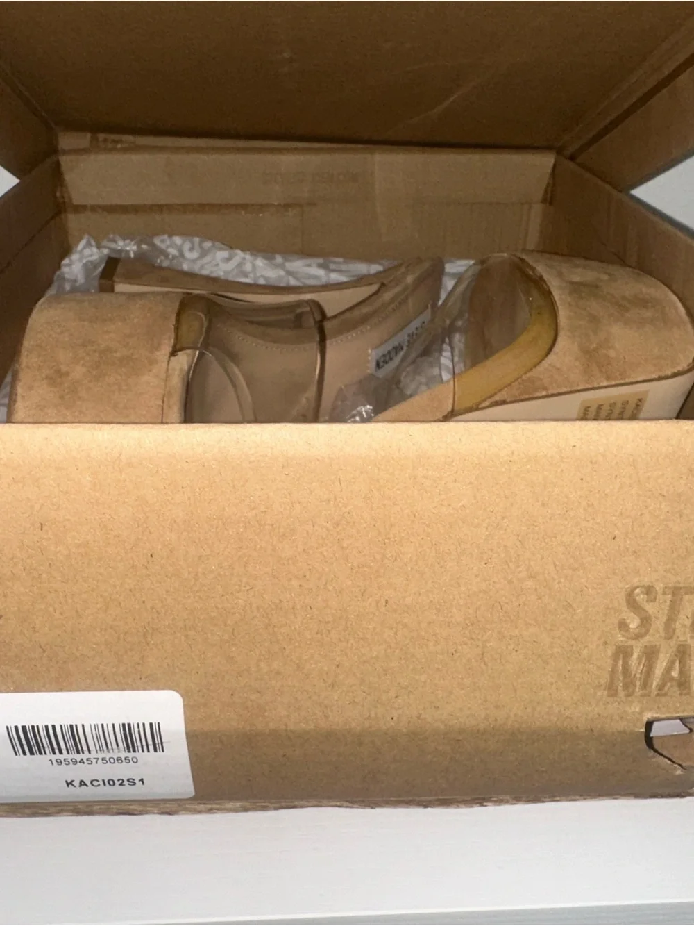 Steve Madden Tan Suede Platform Sandal with Clear Strap